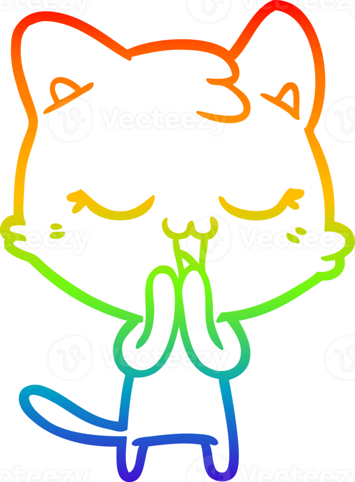 rainbow gradient line drawing of a happy cartoon cat png