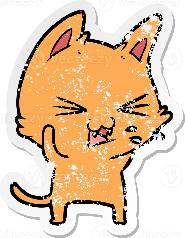 distressed sticker of a cartoon cat hissing png