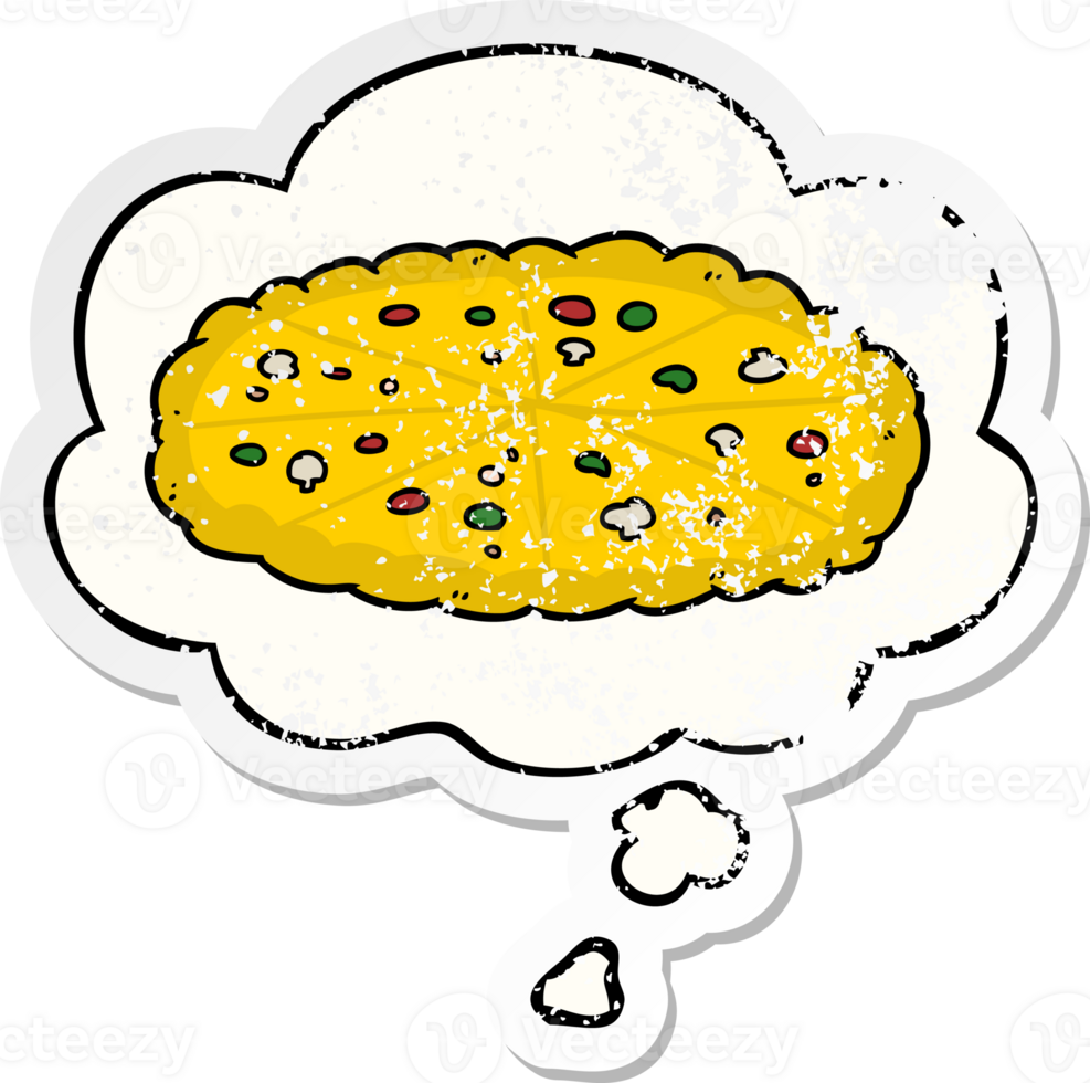 cartoon pizza with thought bubble as a distressed worn sticker png