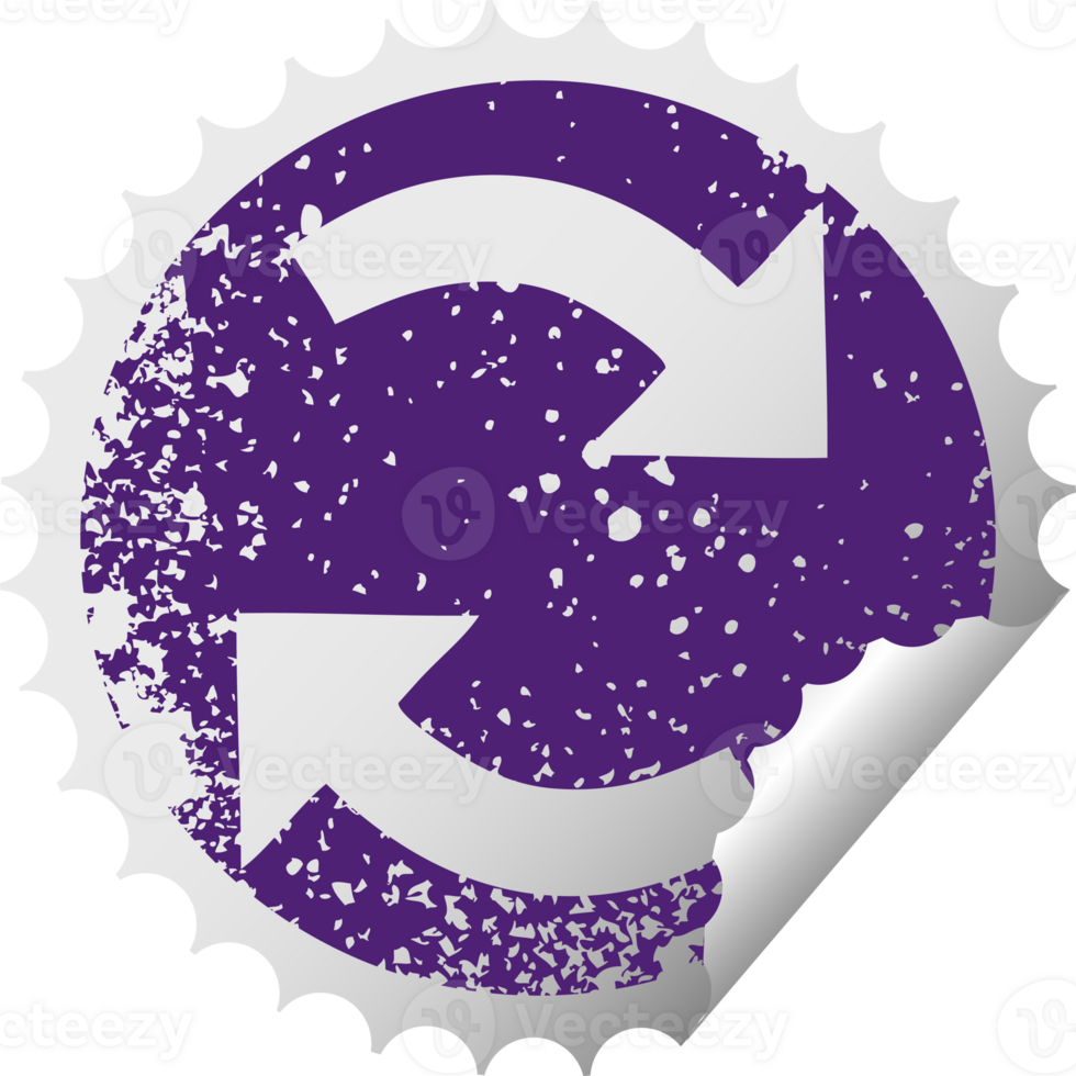 distressed circular peeling sticker symbol of a recycling arrows png