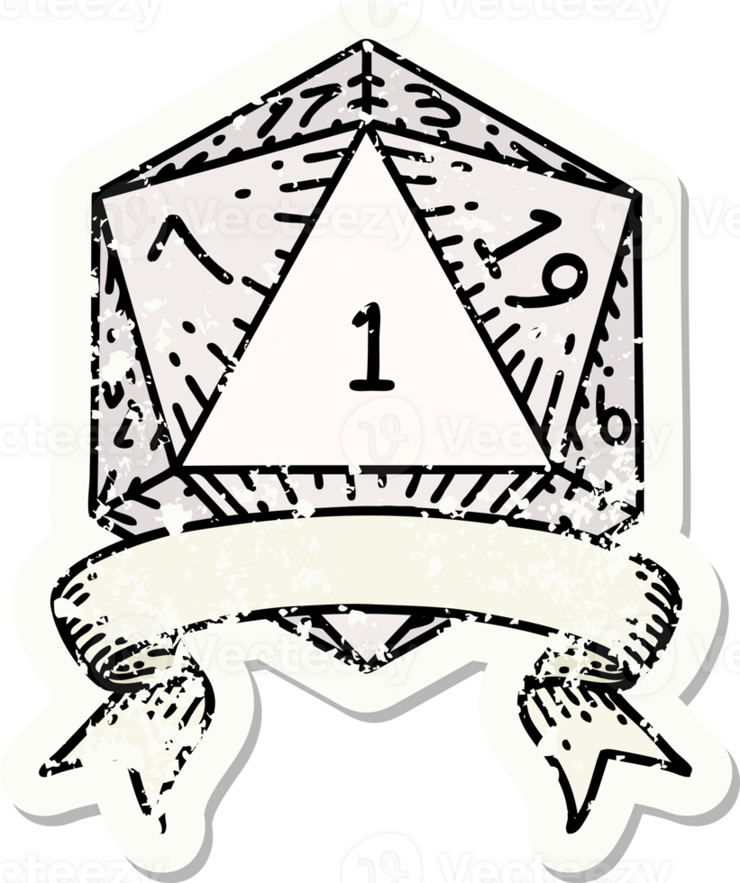 grunge sticker of a natural one d20 dice roll png