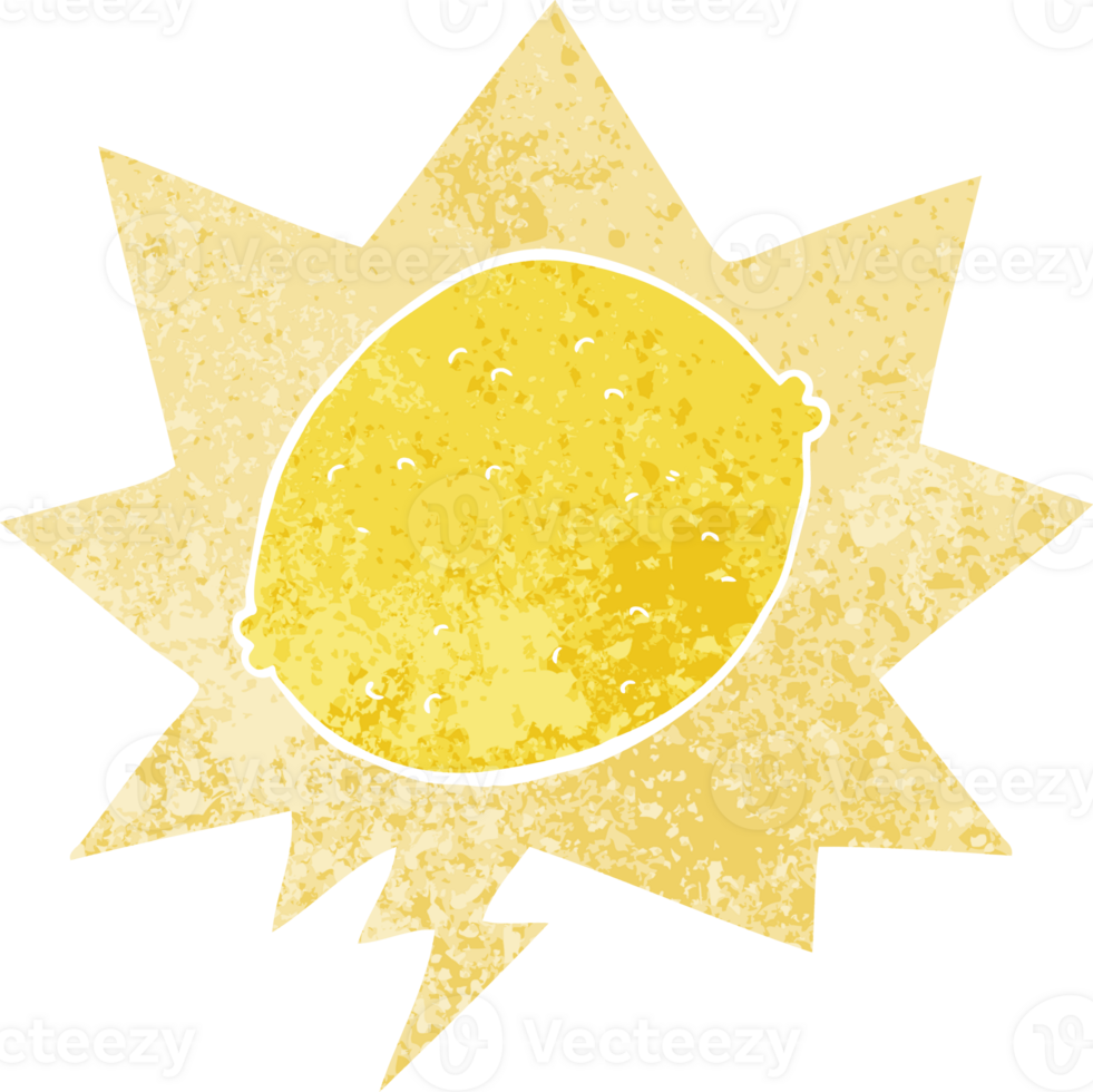 cartoon lemon with speech bubble in grunge distressed retro textured style png
