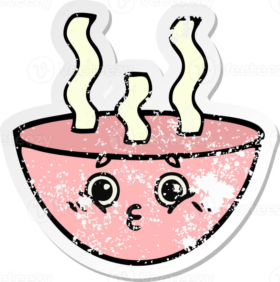 distressed sticker of a cute cartoon bowl of hot soup png