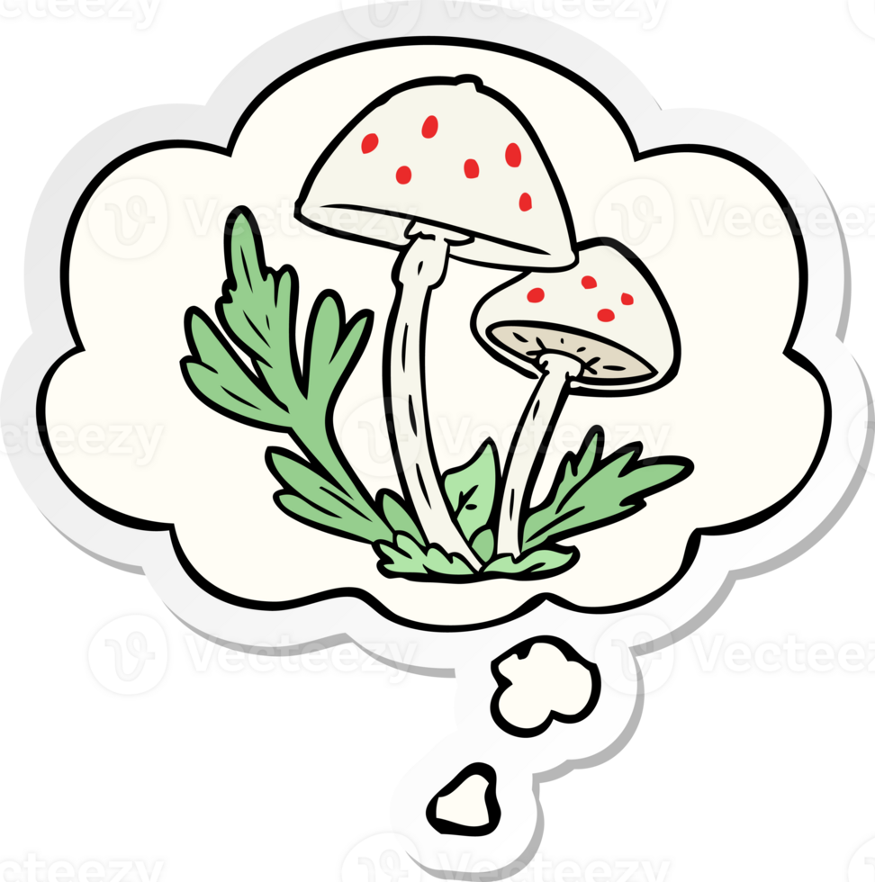 cartoon mushrooms with thought bubble as a printed sticker png