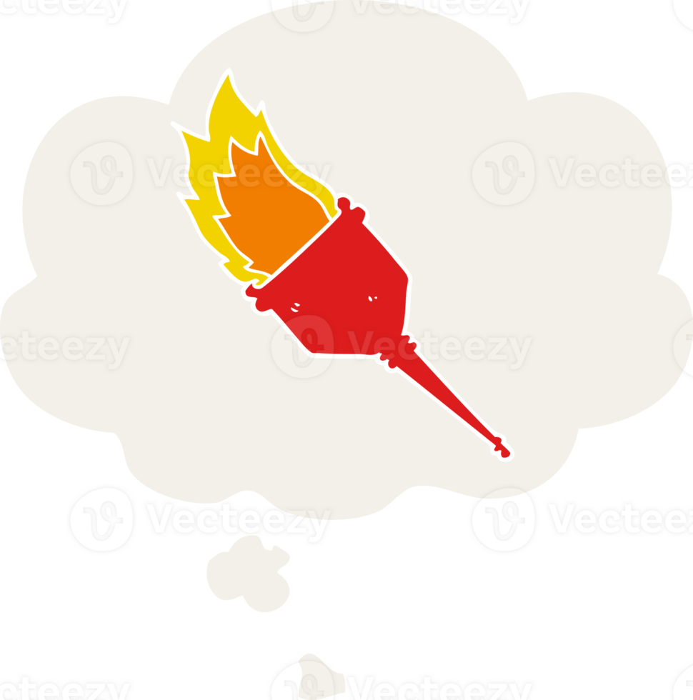 cartoon flaming torch with thought bubble in retro style png