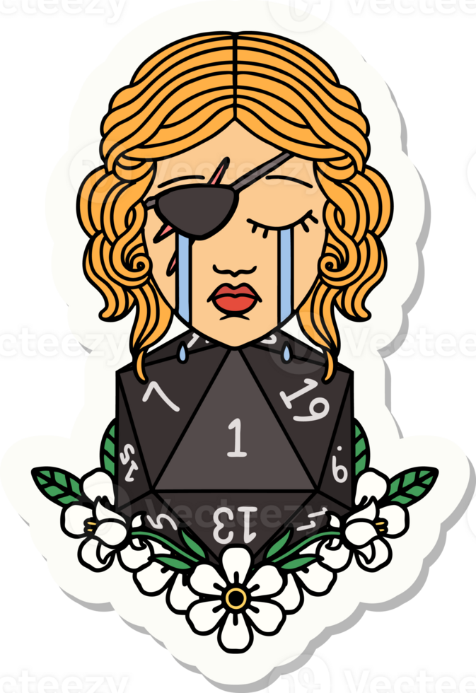 sticker of a crying human rogue with natural one d20 roll png