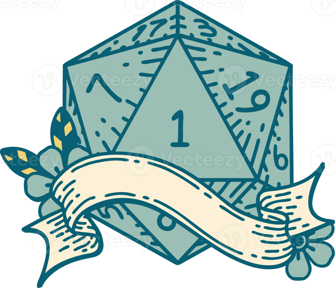 Retro Tattoo Style natural one d20 dice roll png