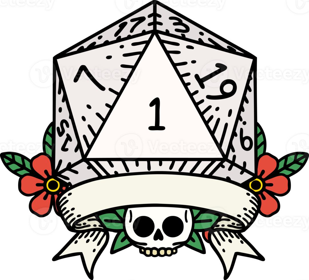 Retro Tattoo Style natural one d20 dice roll png