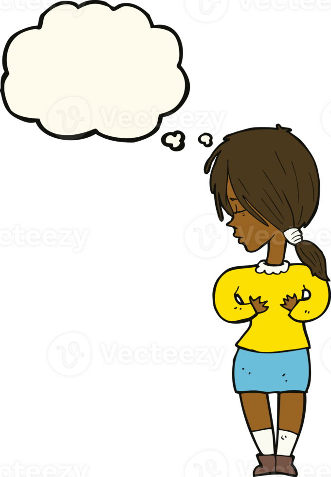 cartoon shy woman with thought bubble png