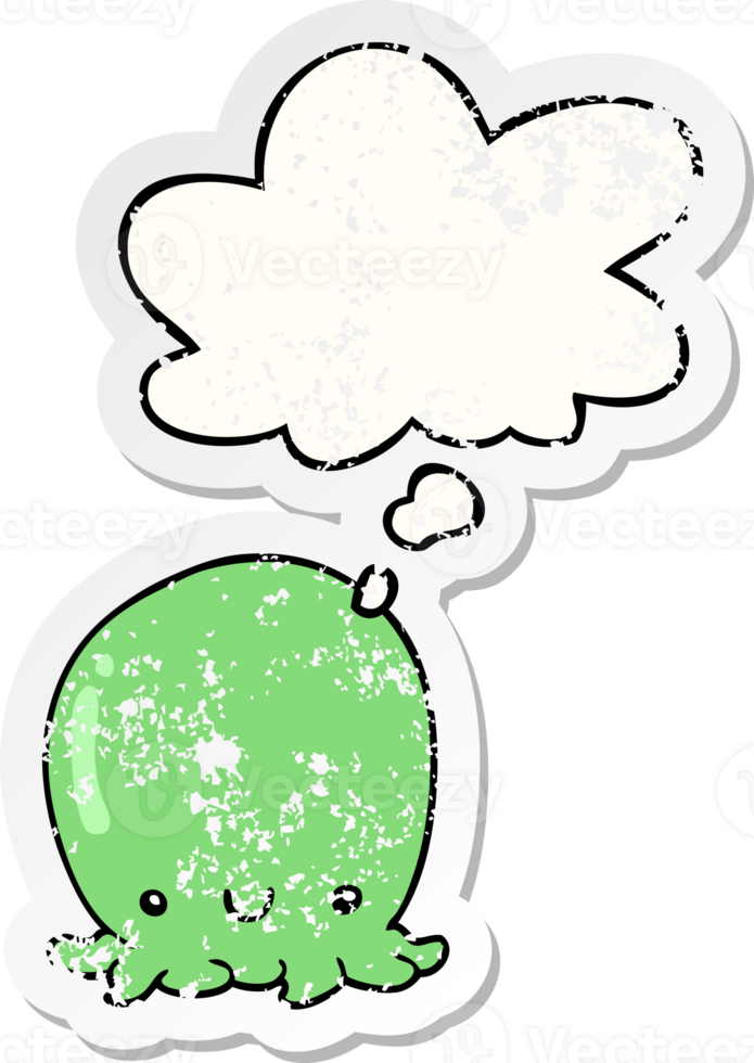 cute cartoon octopus with thought bubble as a distressed worn sticker png