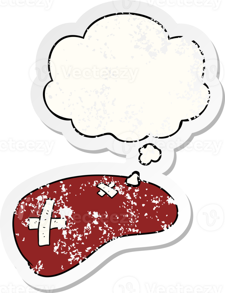 cartoon repaired liver with thought bubble as a distressed worn sticker png