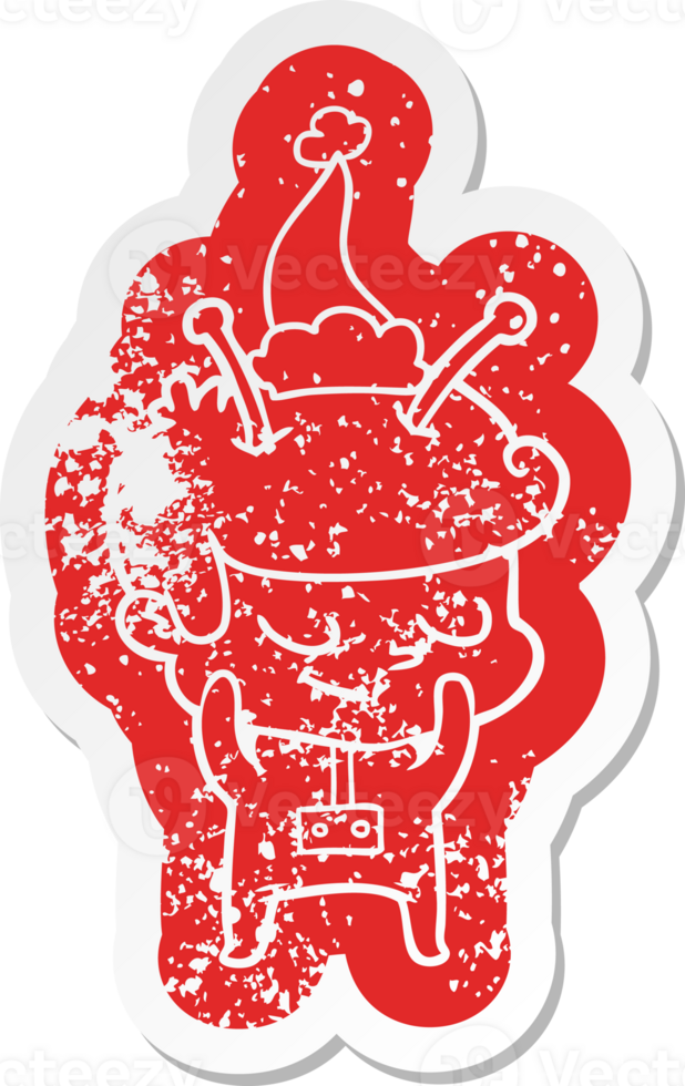 shy quirky cartoon distressed sticker of a spaceman wearing santa hat png