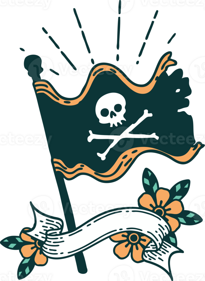 scroll banner with tattoo style waving pirate flag png