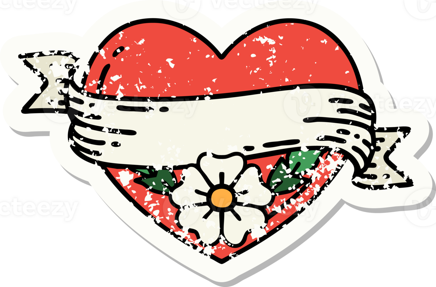 distressed sticker tattoo in traditional style of a heart and banner with flowers png