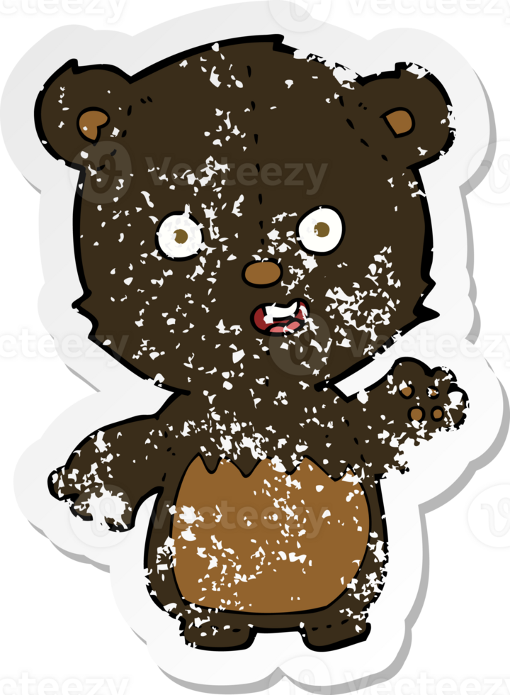 retro distressed sticker of a cartoon waving black bear cub png