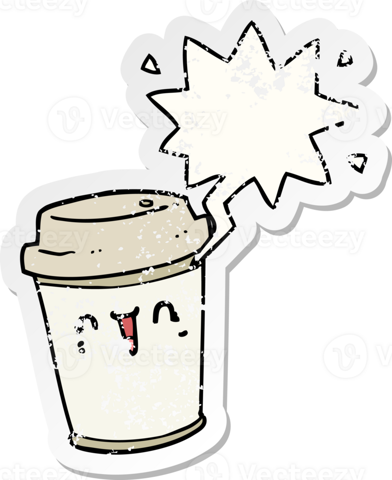 cartoon take out coffee with speech bubble distressed distressed old sticker png