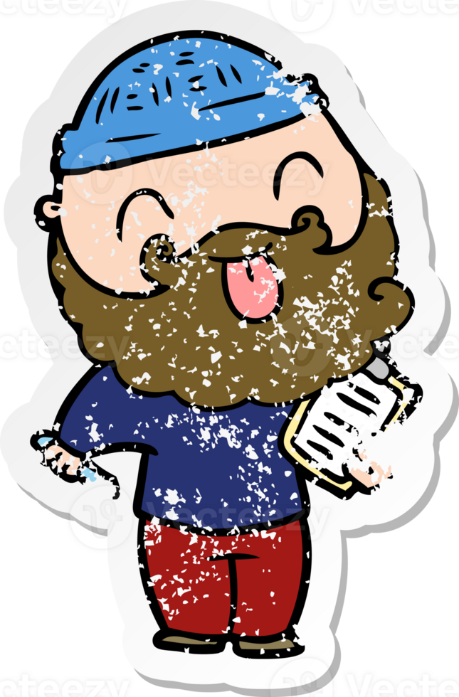 distressed sticker of a man with beard sticking out tongue png