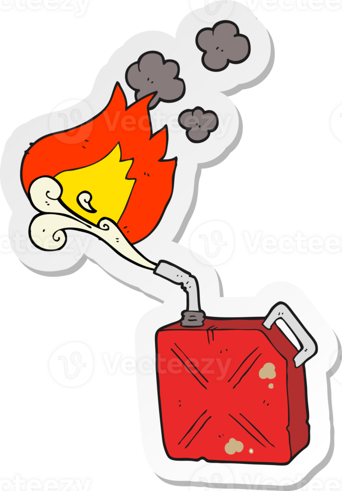 sticker of a cartoon fuel can with burning fuel spray png