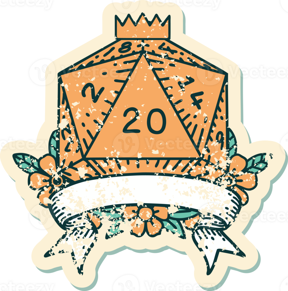 Retro Tattoo Style natural 20 critical hit D20 dice roll png