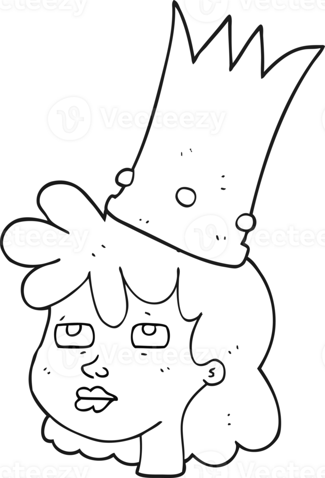hand drawn black and white cartoon queen with crown png