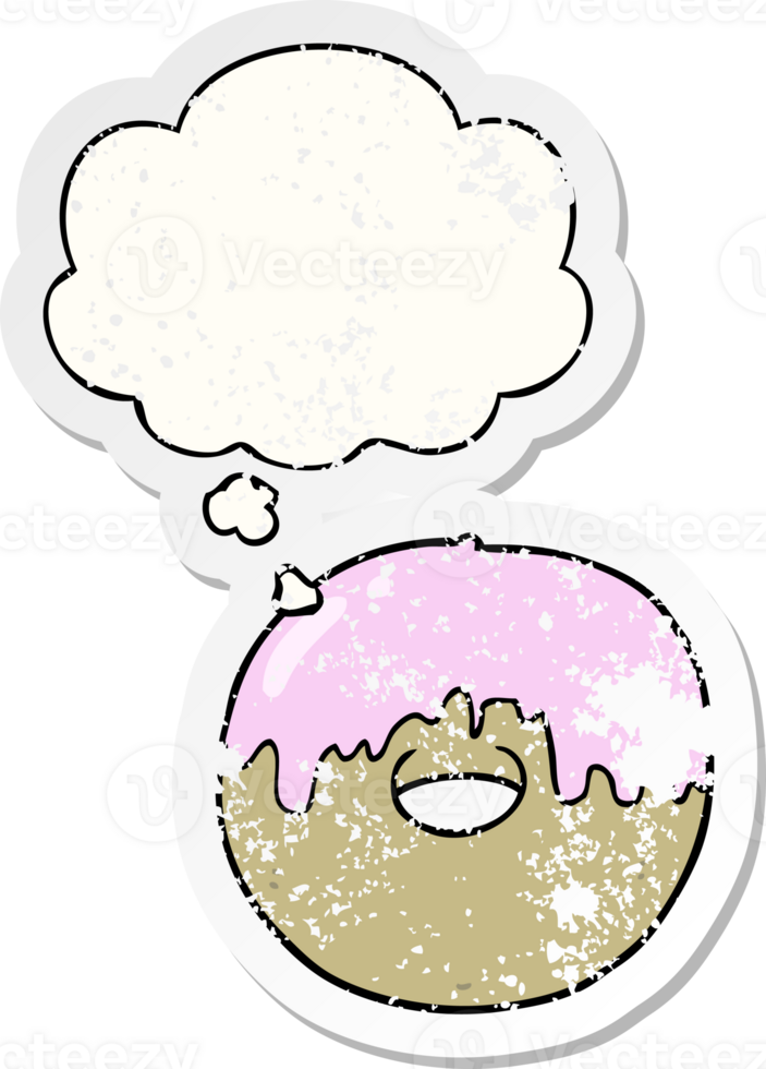 cartoon donut with thought bubble as a distressed worn sticker png