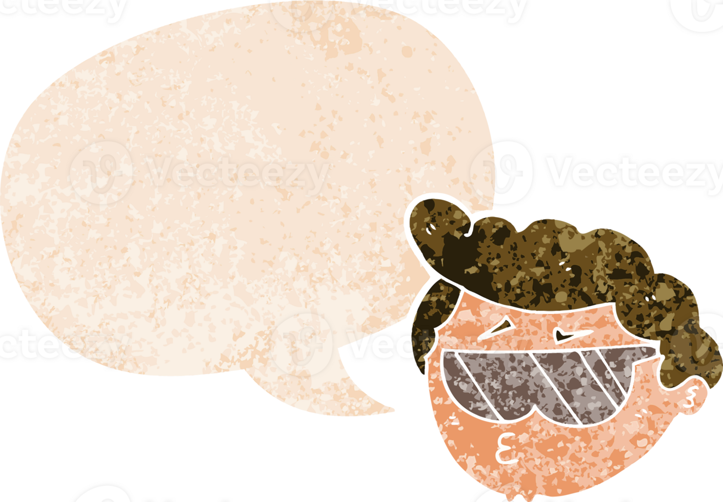 cartoon boy wearing sunglasses with speech bubble in grunge distressed retro textured style png