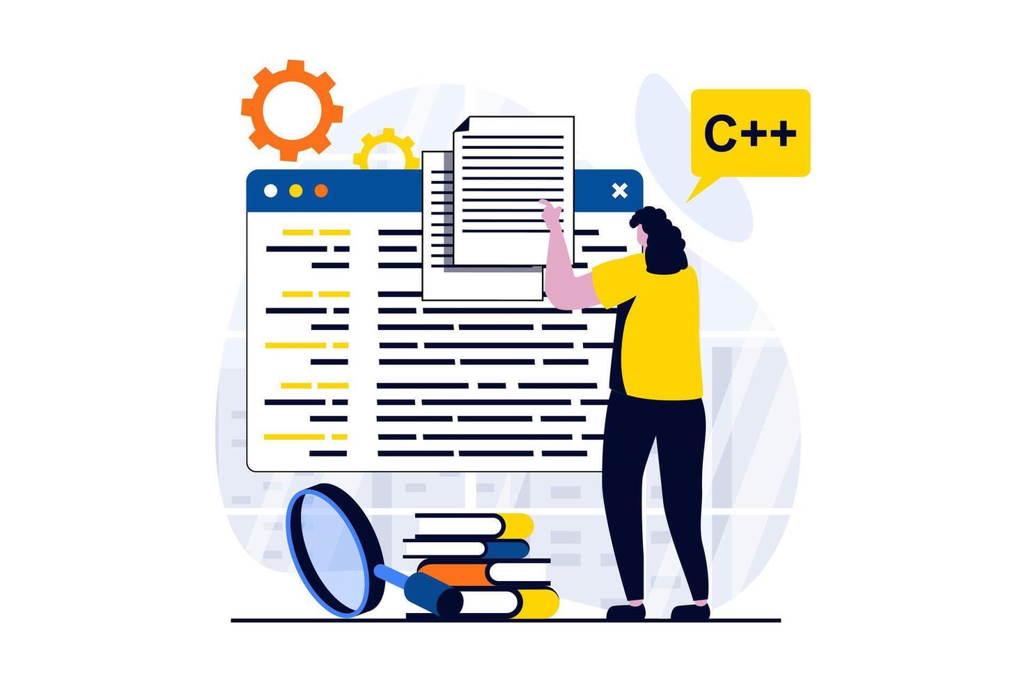 Software development concept with people scene in flat cartoon design. Woman developer programming at screens, searching problems and fixing code in programs. illustration visual story for web vector