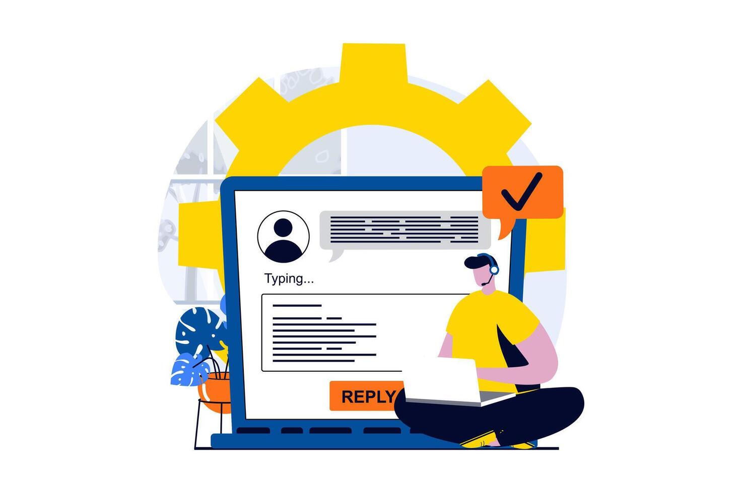 Technical support concept with people scene in flat cartoon design. Operator works on laptop, responds to emails and messages from clients and consults. illustration visual story for web vector