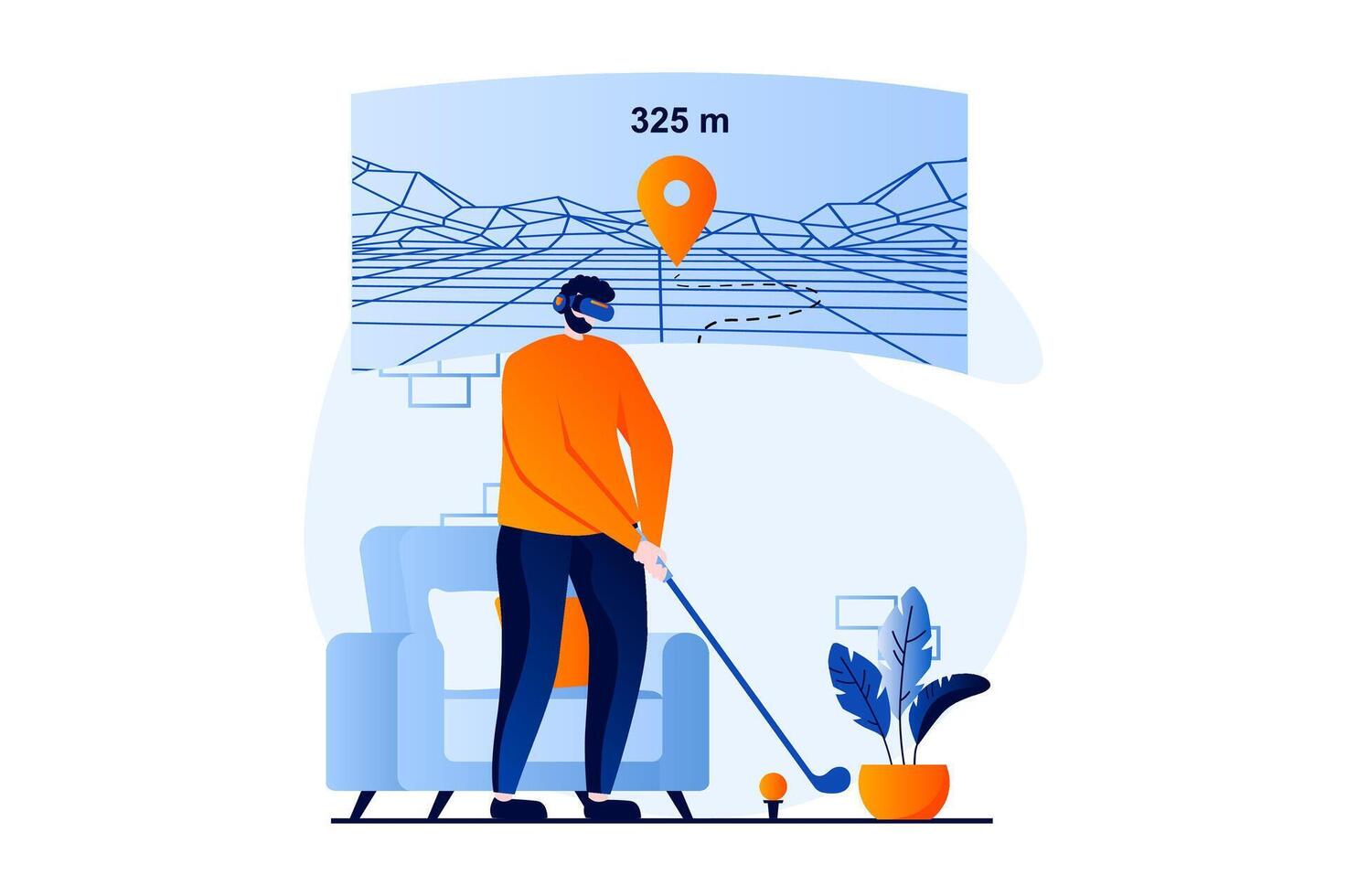 Virtual reality concept with people scene in flat cartoon design. Man in VR glasses playing virtual golf in cyberspace, gaming and cyber sport competition. illustration visual story for web vector