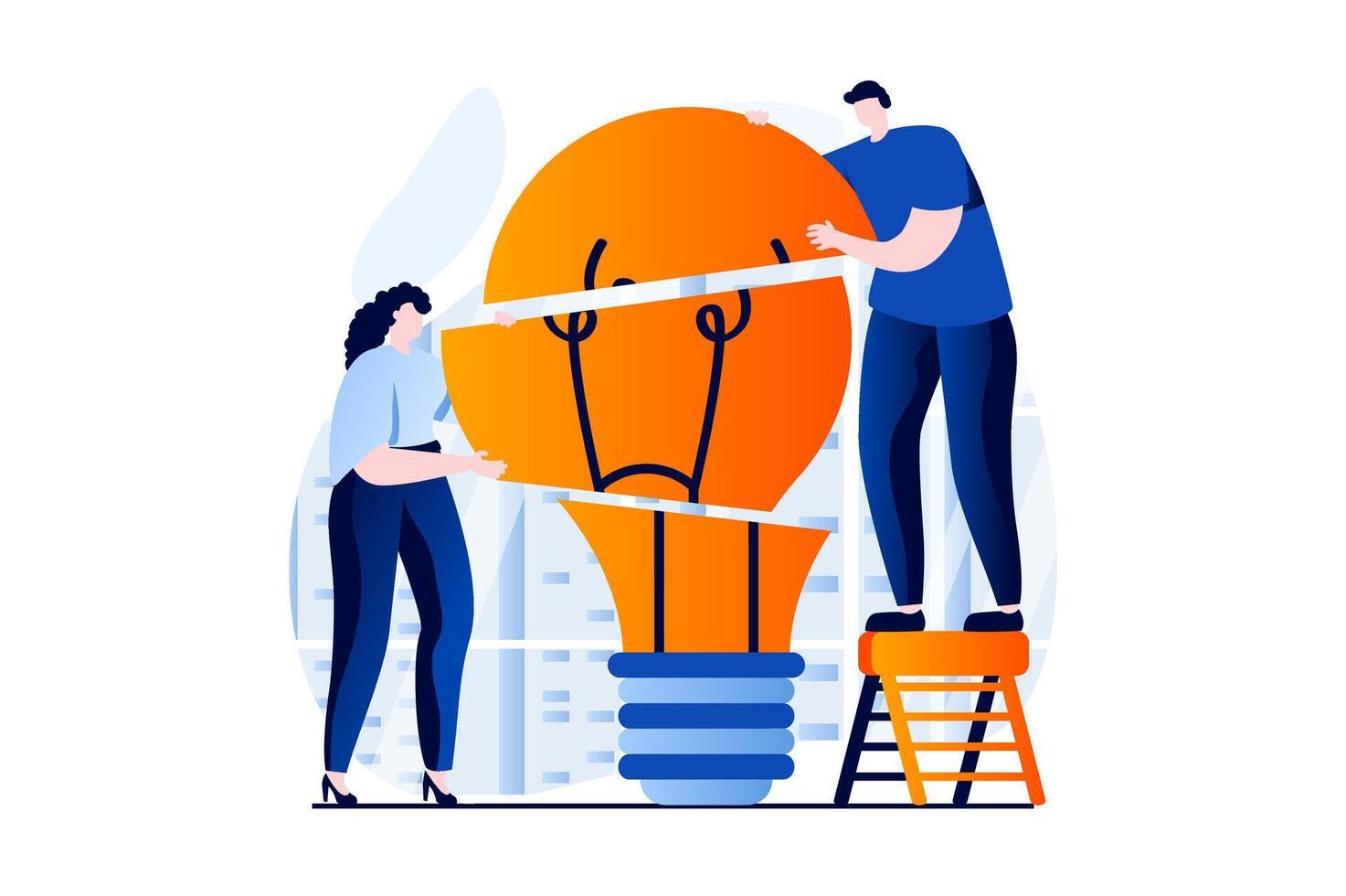 Teamwork concept with people scene in flat cartoon design. Man and woman generating new ideas, brainstorming, working together on project and partnership. illustration visual story for web vector