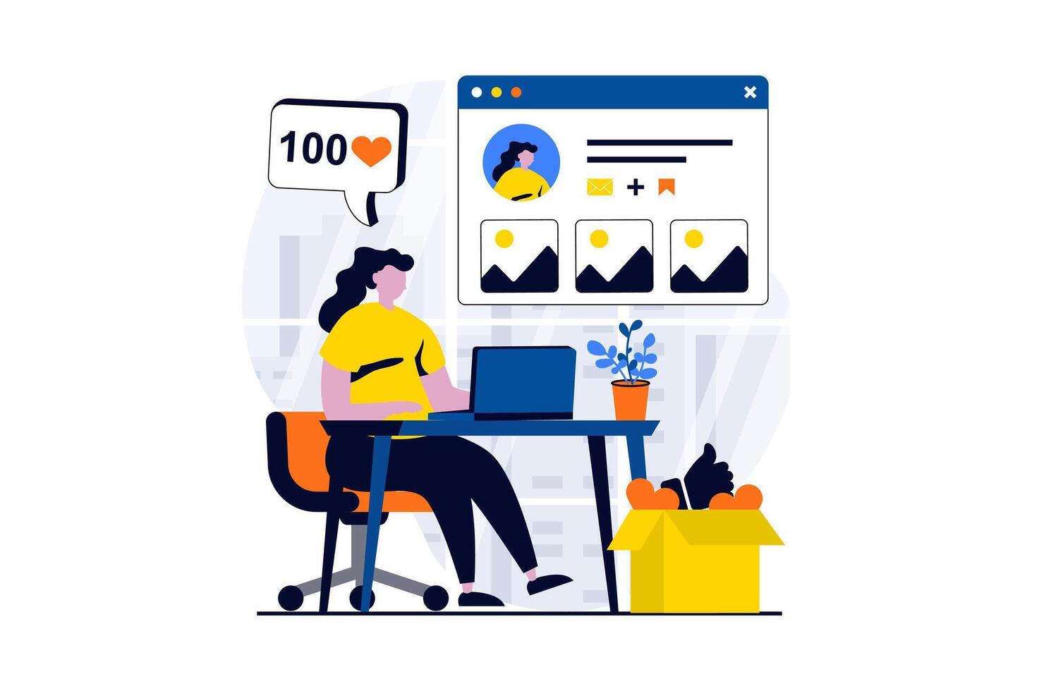 Social network concept with people scene in flat cartoon design. Woman edits her online profile using laptop, posting photos, sharing digital content online. illustration visual story for web vector