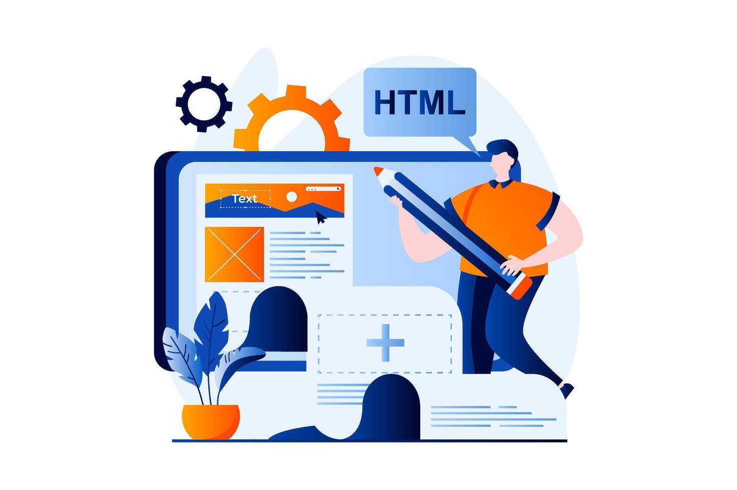 Web development concept with people scene in flat cartoon design. Man is programming in html, creating and optimizing website and testing online platform. illustration visual story for web vector