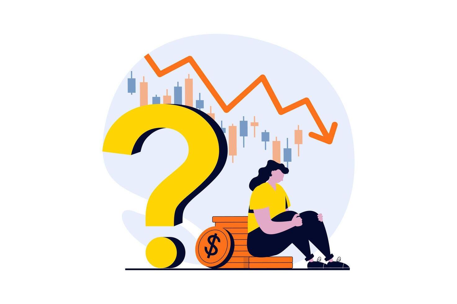 Stock market concept with people scene in flat cartoon design. Woman losing money on exchange, thinking and analyzing chart with down trend, financial crisis. illustration visual story for web vector