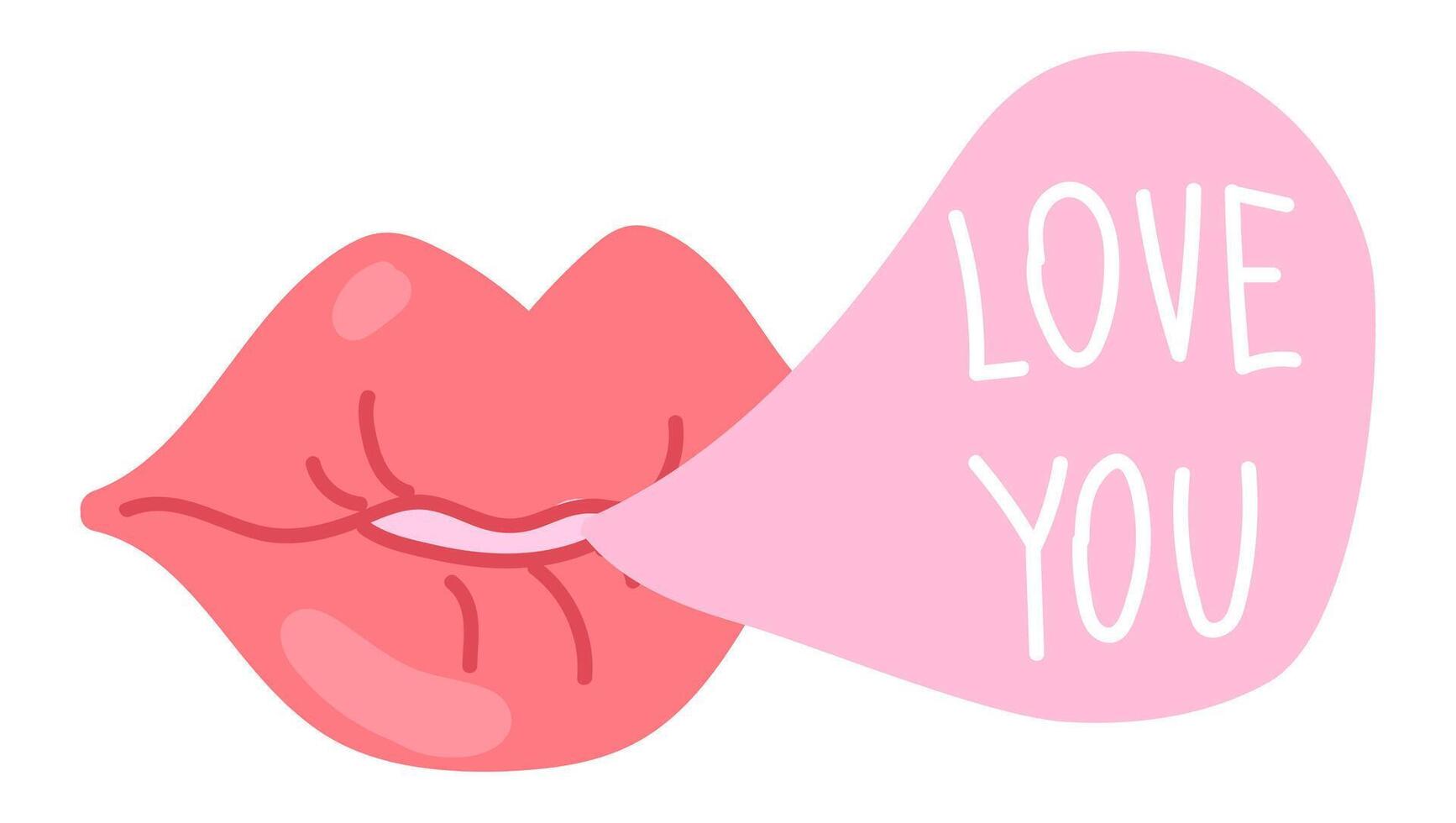 Female lips with Love you text in flat design. Romantic flirting message. illustration isolated. vector