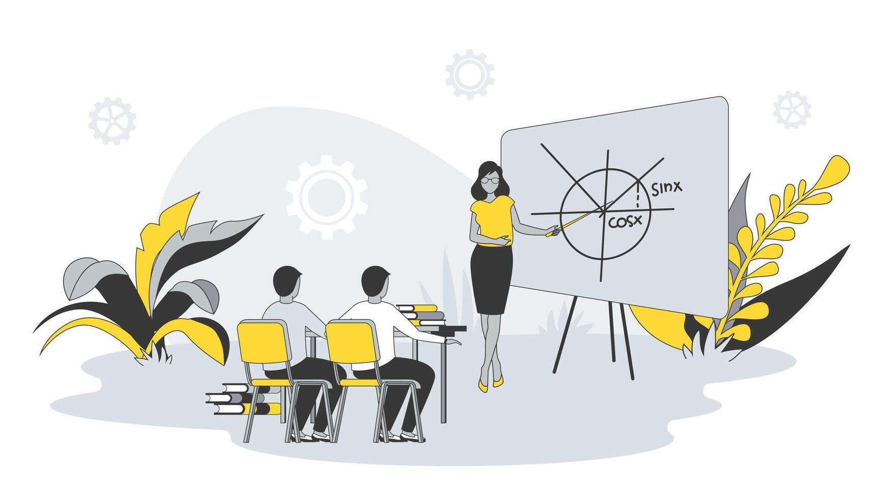 Teaching concept in flat design with people. Woman teacher explain lesson and showing on blackboard, students learning and sitting in classroom. illustration with character scene for web banner vector