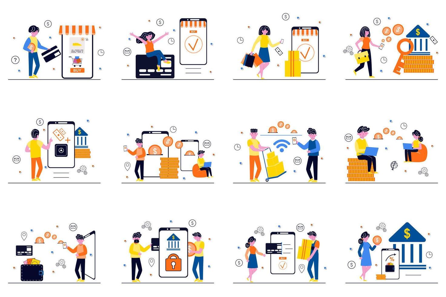 Mobile banking concept with tiny people scenes set in flat design. Bundle of men and women manage money on personal account in app, making online payments and transactions. illustration for web vector