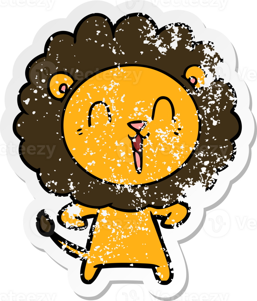 distressed sticker of a laughing lion cartoon png
