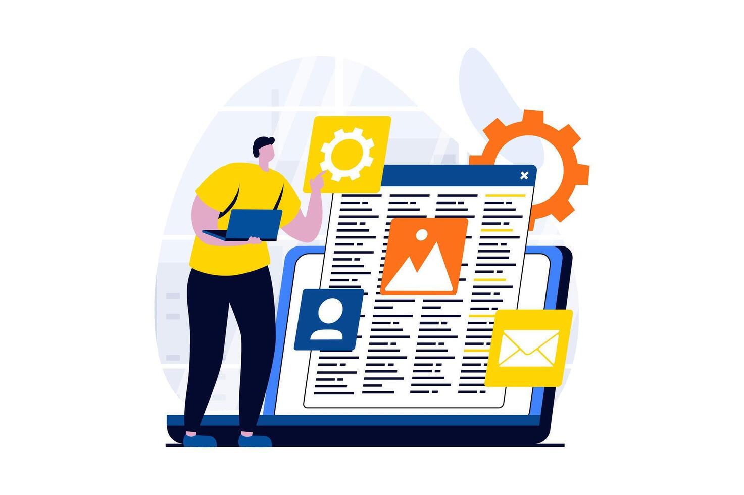 Web development concept with people scene in flat cartoon design. Man designer creates websites layouts at laptop, programming and testing code on screen. illustration visual story for web vector