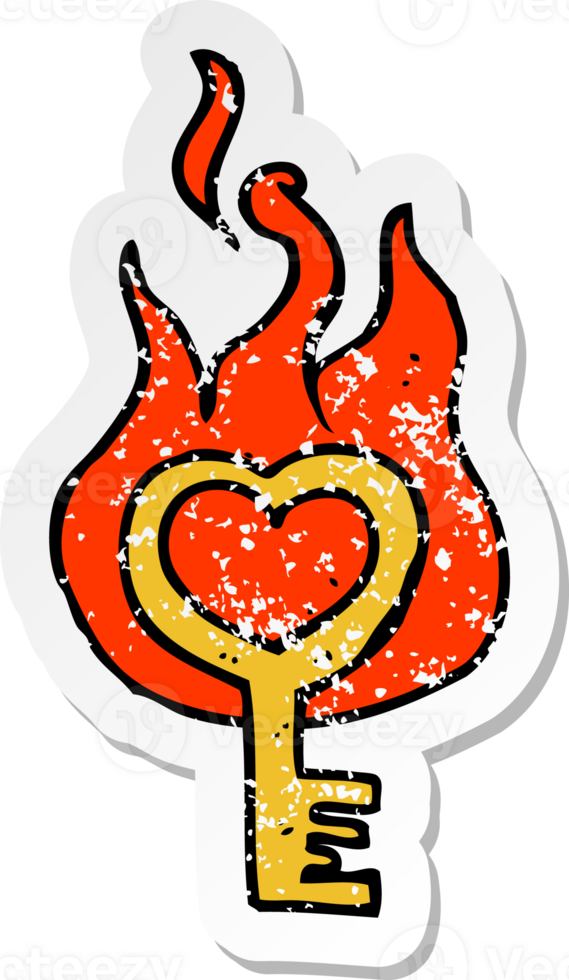 retro distressed sticker of a cartoon flaming key png