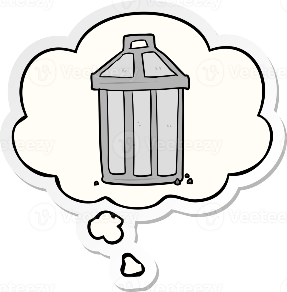 cartoon garbage can with thought bubble as a printed sticker png