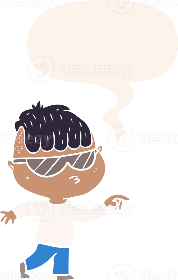 cartoon boy wearing sunglasses pointing with speech bubble in retro style png
