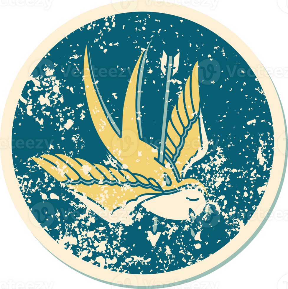 iconic distressed sticker tattoo style image of a swallow pierced by arrow png