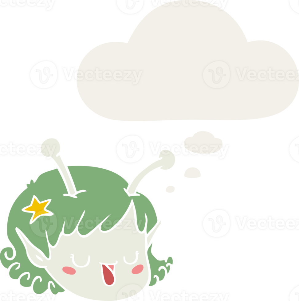 cartoon alien space girl face with thought bubble in retro style png