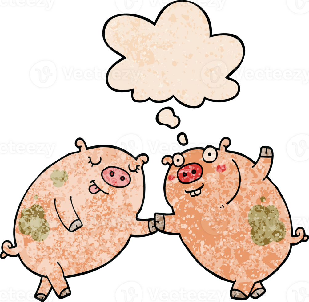 cartoon pigs dancing with thought bubble in grunge texture style png