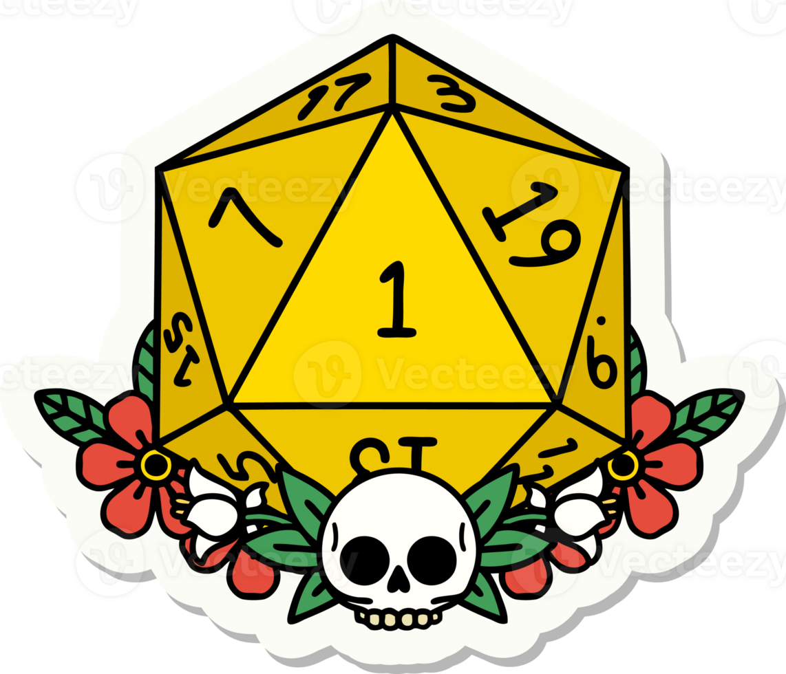sticker of a natural one dice roll with floral elements png