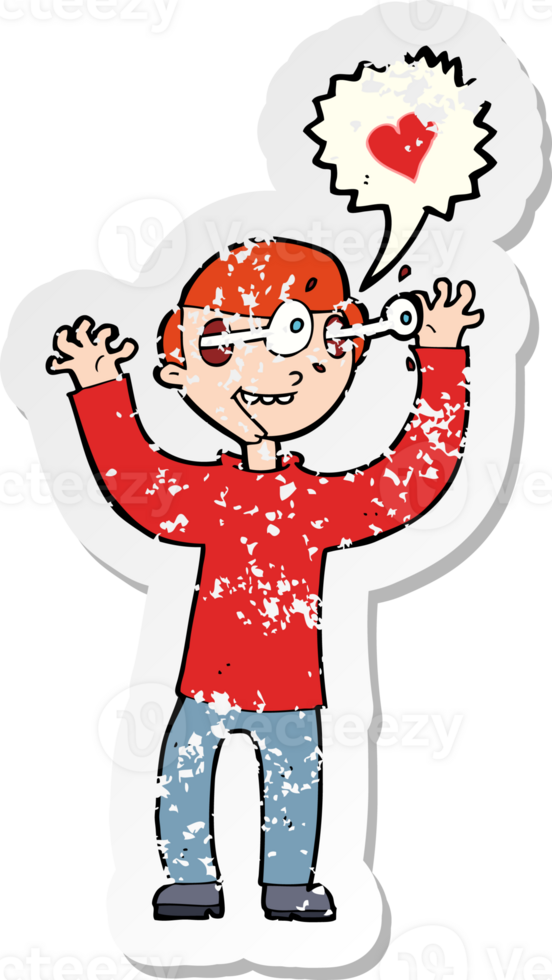 retro distressed sticker of a cartoon man in love png