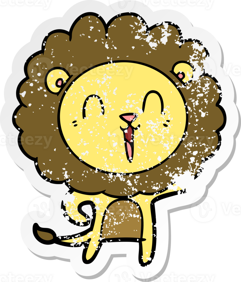 distressed sticker of a laughing lion cartoon png