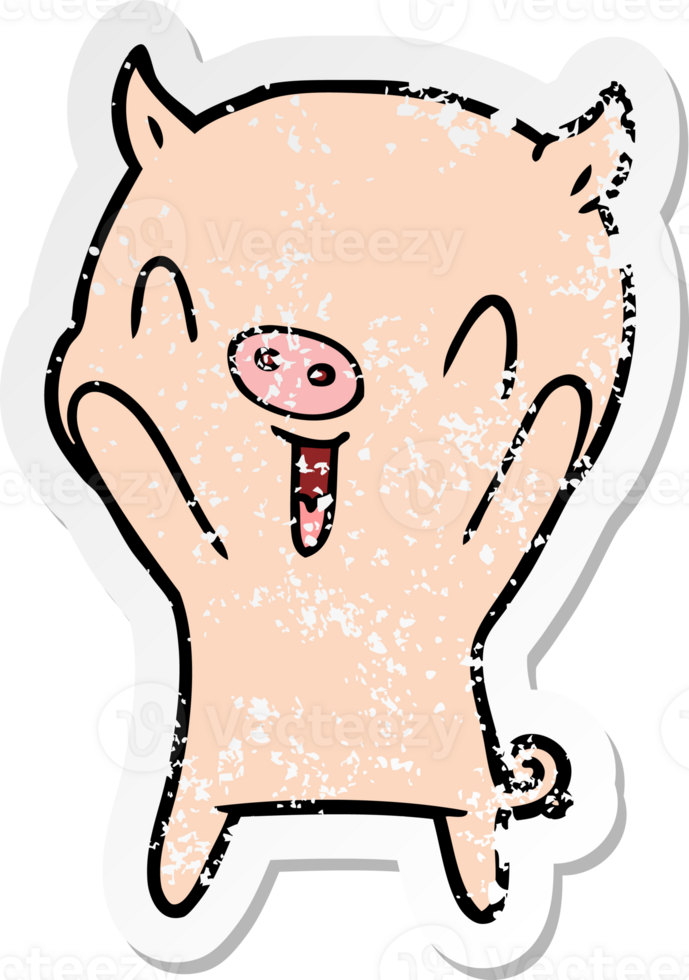 distressed sticker of a happy cartoon pig png