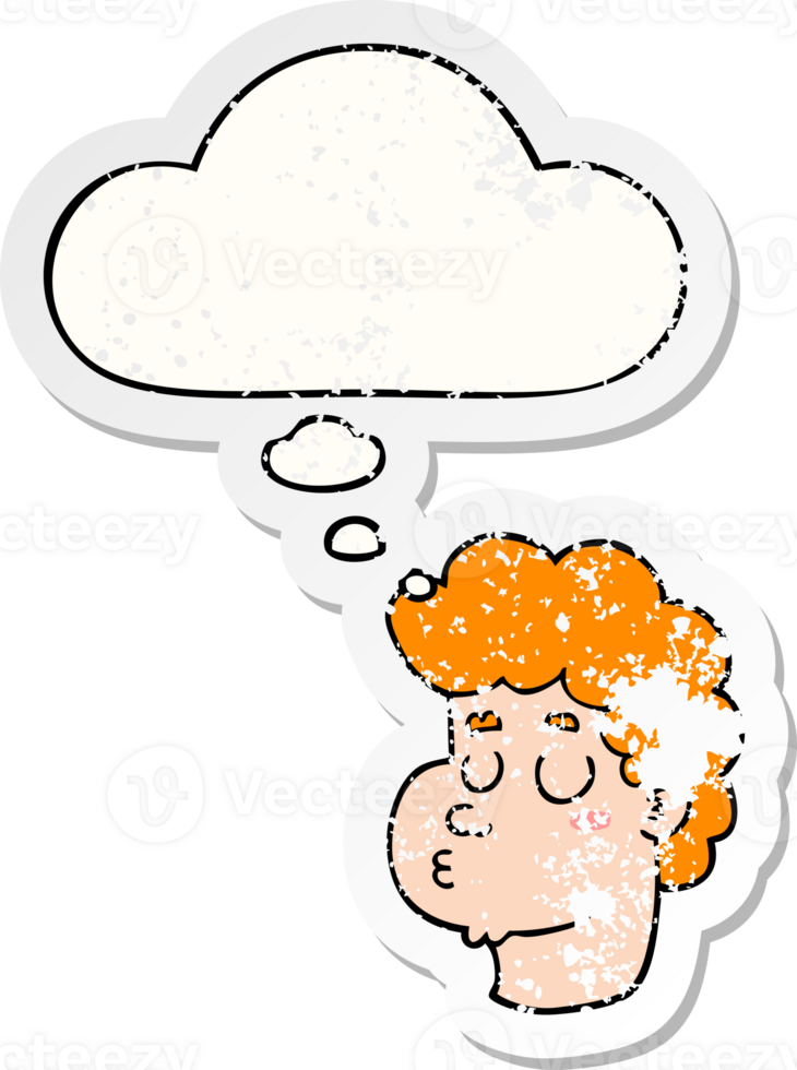cartoon male face with thought bubble as a distressed worn sticker png