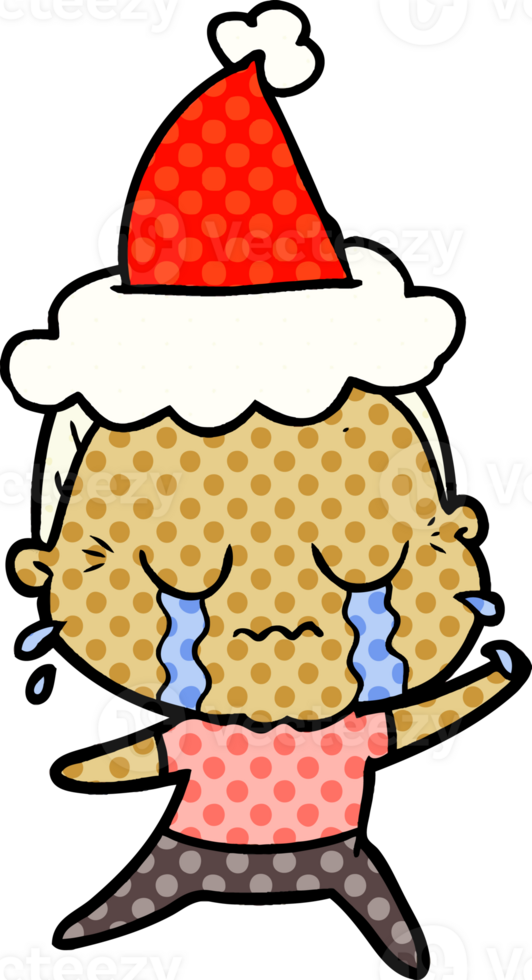 hand drawn comic book style illustration of a crying old lady wearing santa hat png